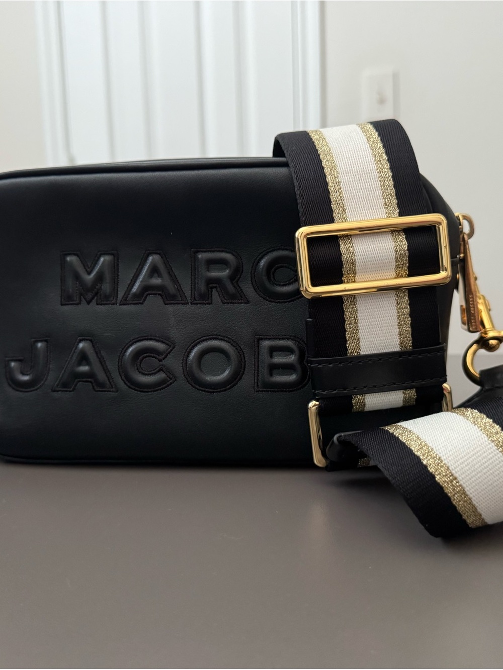 Marc Jacobs Black Leather Crossbody Camera Bag with Striped Gold-Trim Strap